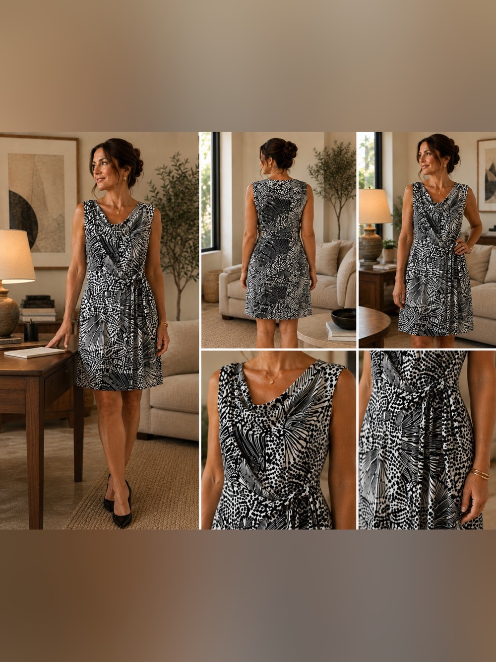 Alex + Alex Sleeveless Black & White Printed Midi Dress with Side Tie